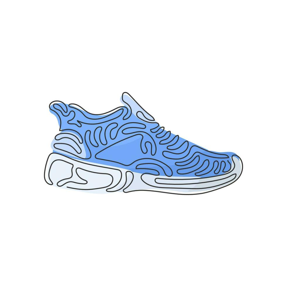 Single one line drawing fitness sneakers shoes for training, running shoe. Sport running shoe for training and fitness. Swirl curl style. Modern continuous line draw design graphic vector illustration