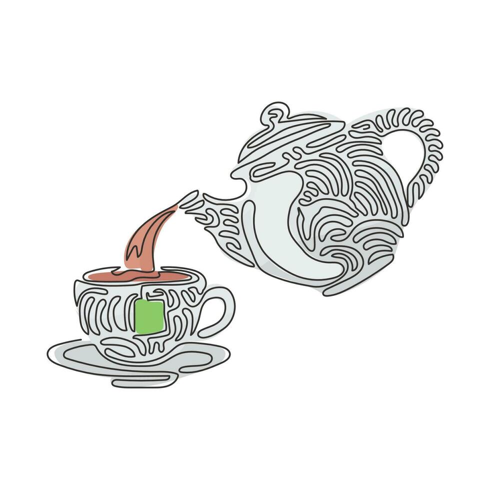Single continuous line drawing teapot for tea drinking pours hot water into cup. Breakfast utensils. Black and white vector. Swirl curl style. Dynamic one line draw graphic design vector illustration