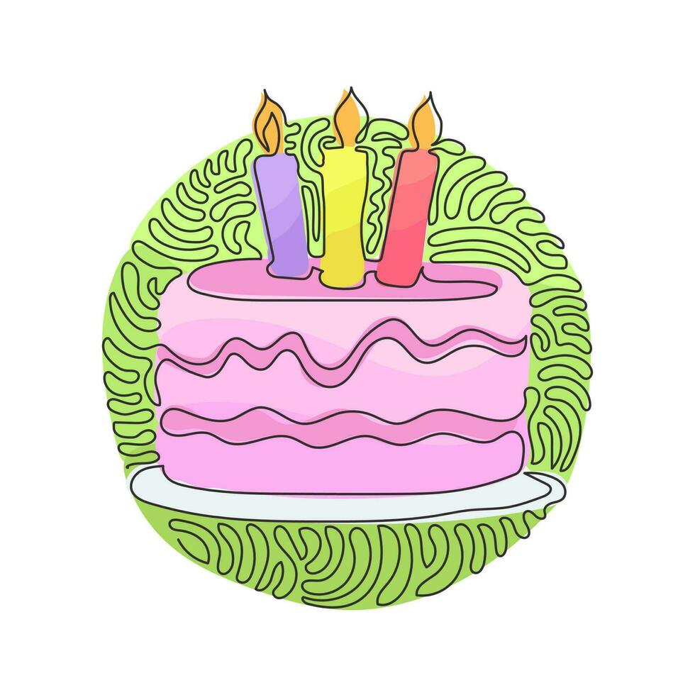 pastel de cumpleaños de dibujo de una sola línea con tres velas encendidas. sabroso postre plato principal de la fiesta de cumpleaños. estilo de fondo de círculo de rizo de remolino. ilustración de vector gráfico de diseño de dibujo de línea continua