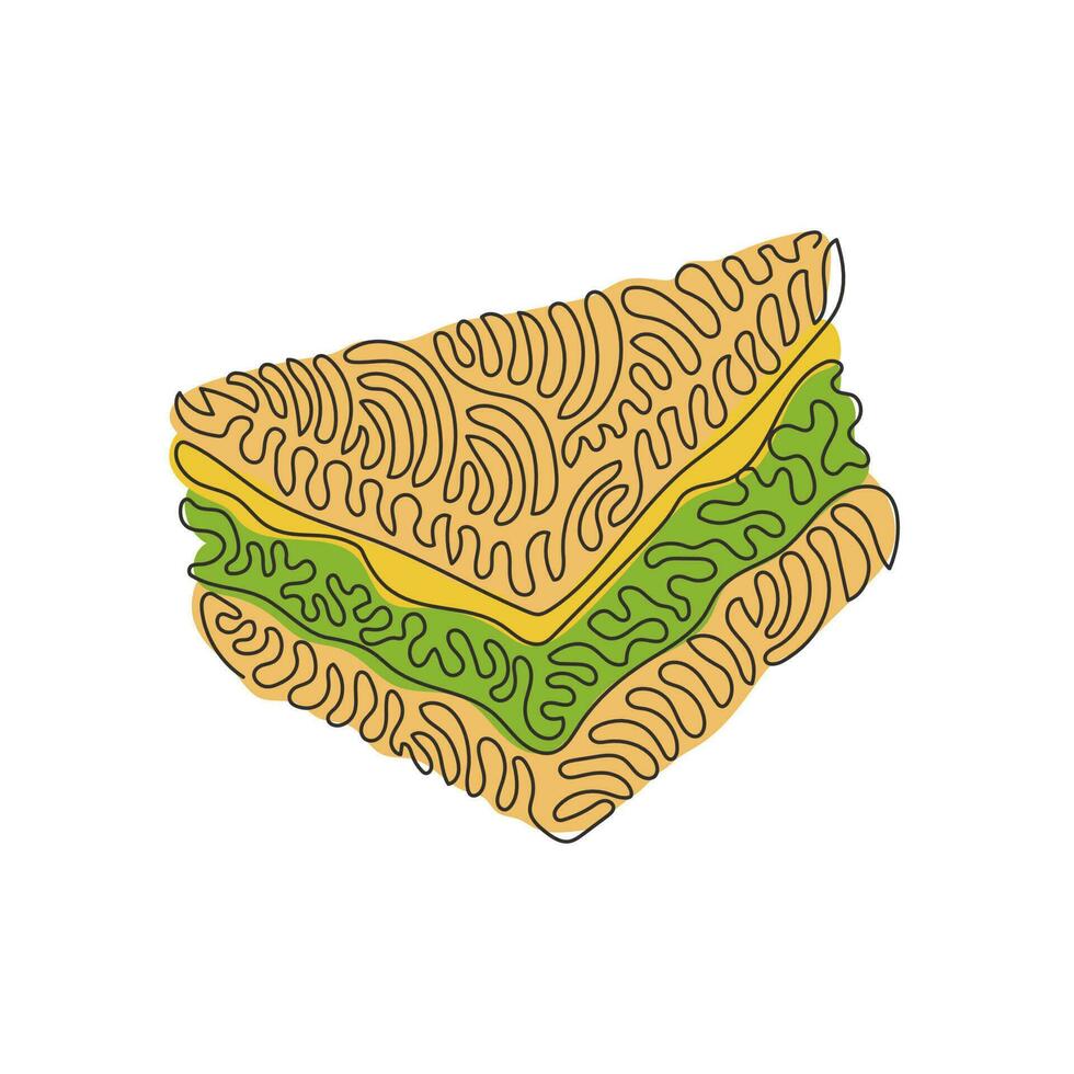 dibujo de una sola línea continua deliciosos sándwiches jugosos rellenos de verduras, queso, carne, chuleta. merienda para el desayuno. estilo de rizo de remolino. Ilustración de vector de diseño gráfico de dibujo de una línea dinámica