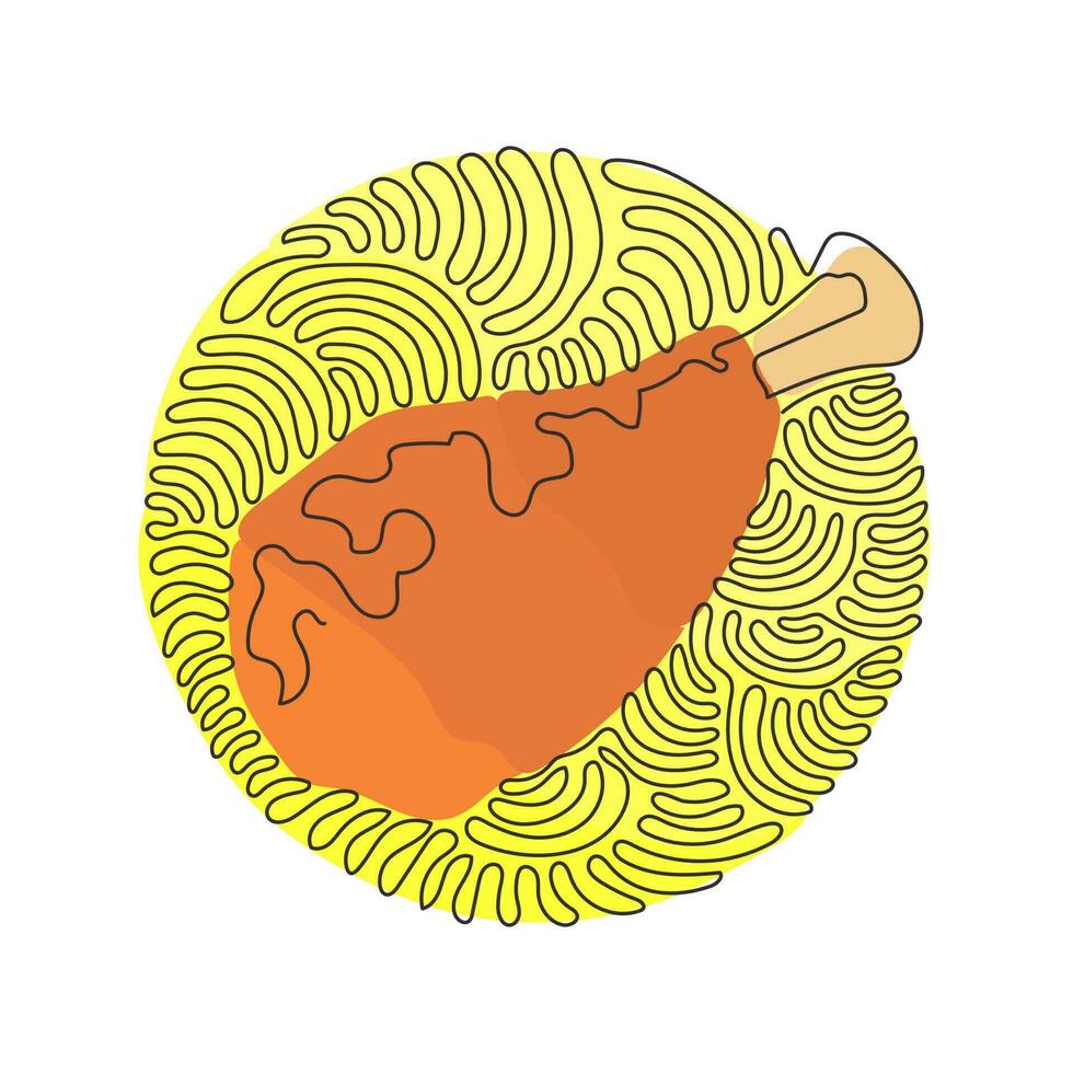 dibujo continuo de una línea delicioso objeto de menú de comida rápida de muslo de pollo frito crujiente. pierna de pollo frito. estilo de fondo de círculo de rizo de remolino. ilustración gráfica de vector de diseño de dibujo de una sola línea