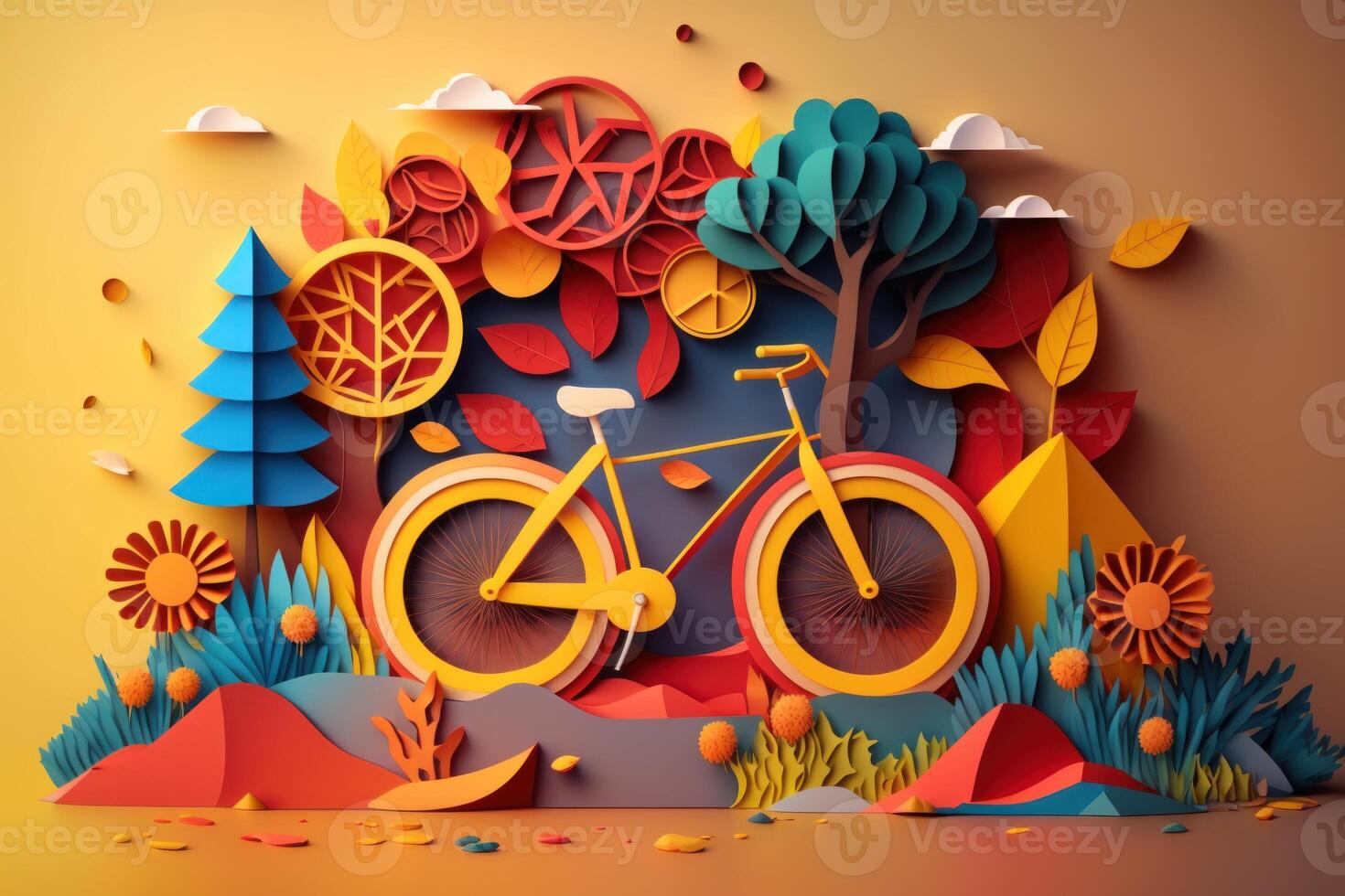 World bicycle day colorful background in paper cut style. Eco friendly bicycle concept. photo