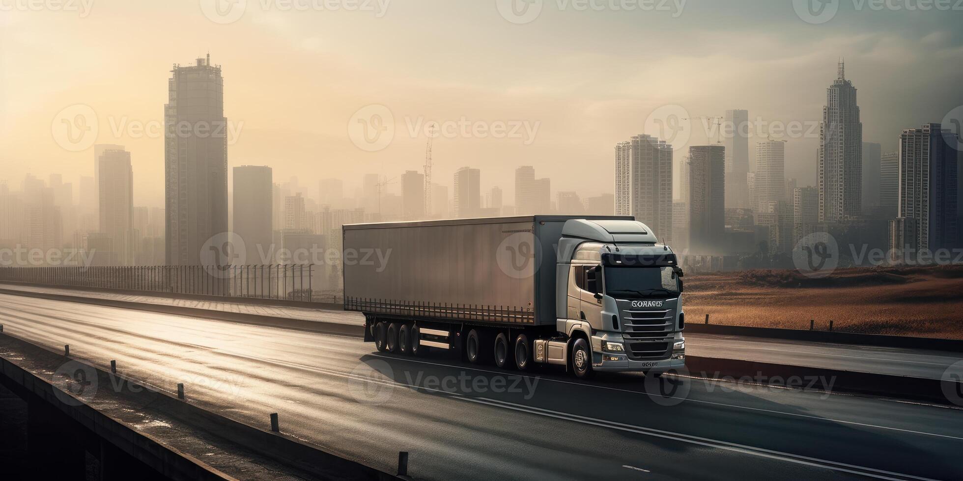 Truck driving on the road with cityscape motion blur background. photo