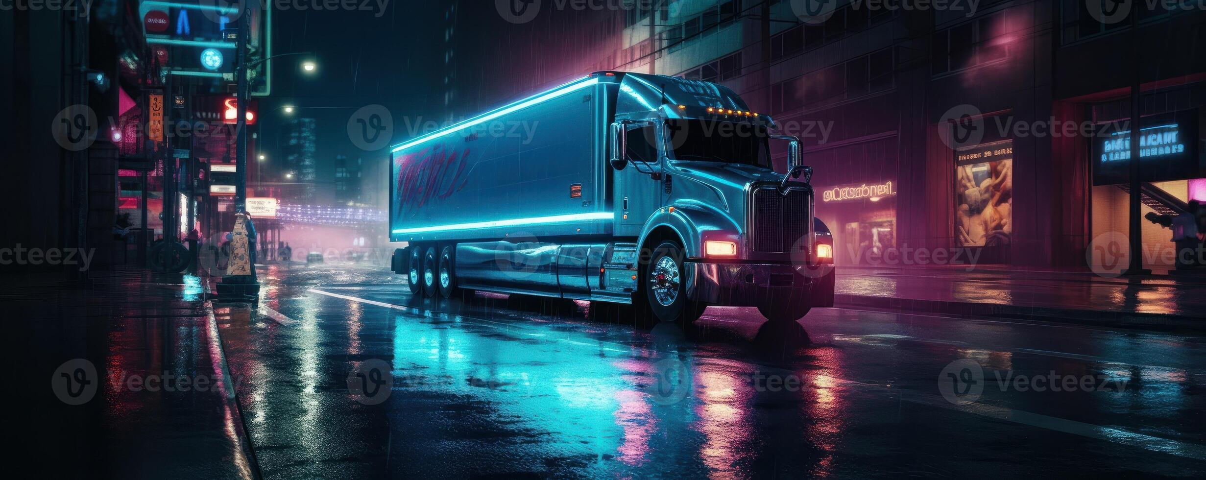 Truck with cargo driving on the road at night with neon lights and cityscape motion blur background. photo