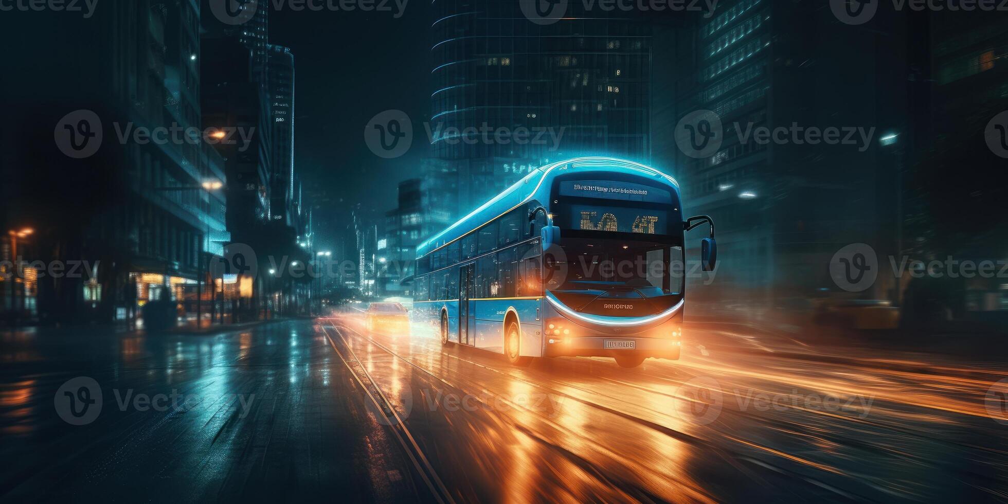 Bus driving on the road at night with glowing neon lights motion blur background. photo