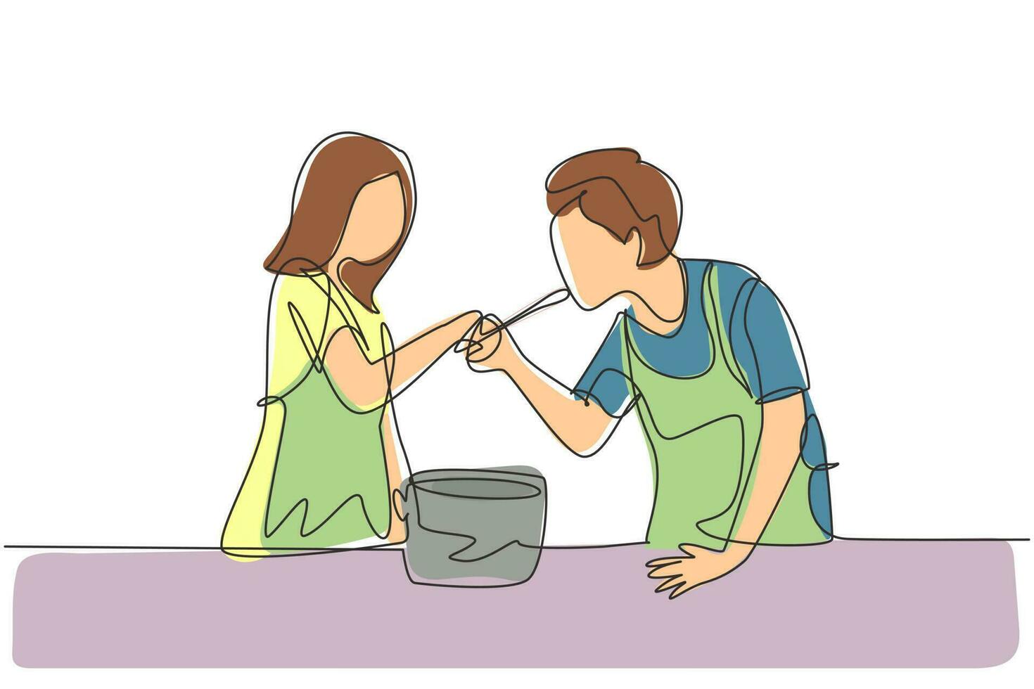 Continuous one line drawing happy husband tasting food given by his young beautiful wife. Cooking for lunch together in cozy kitchen at home. Single line draw design vector graphic illustration