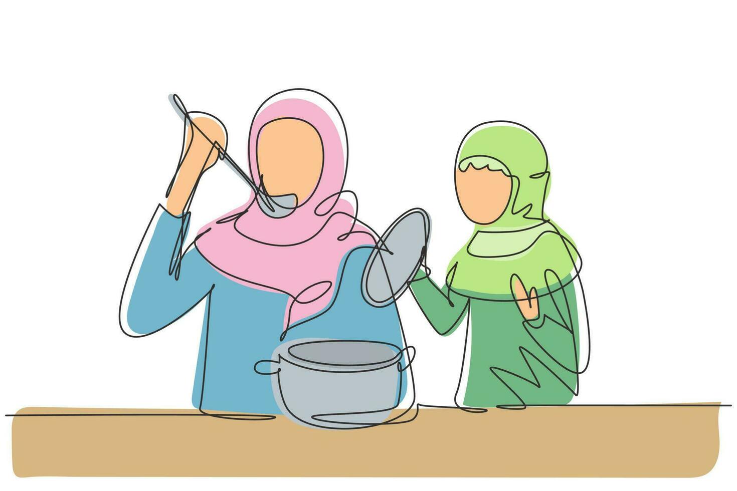 Single one line drawing Arabian daughter holding pan lid and her beautiful mom tasting food using cooking spoon. Cooking together in kitchen. Continuous line draw design graphic vector illustration