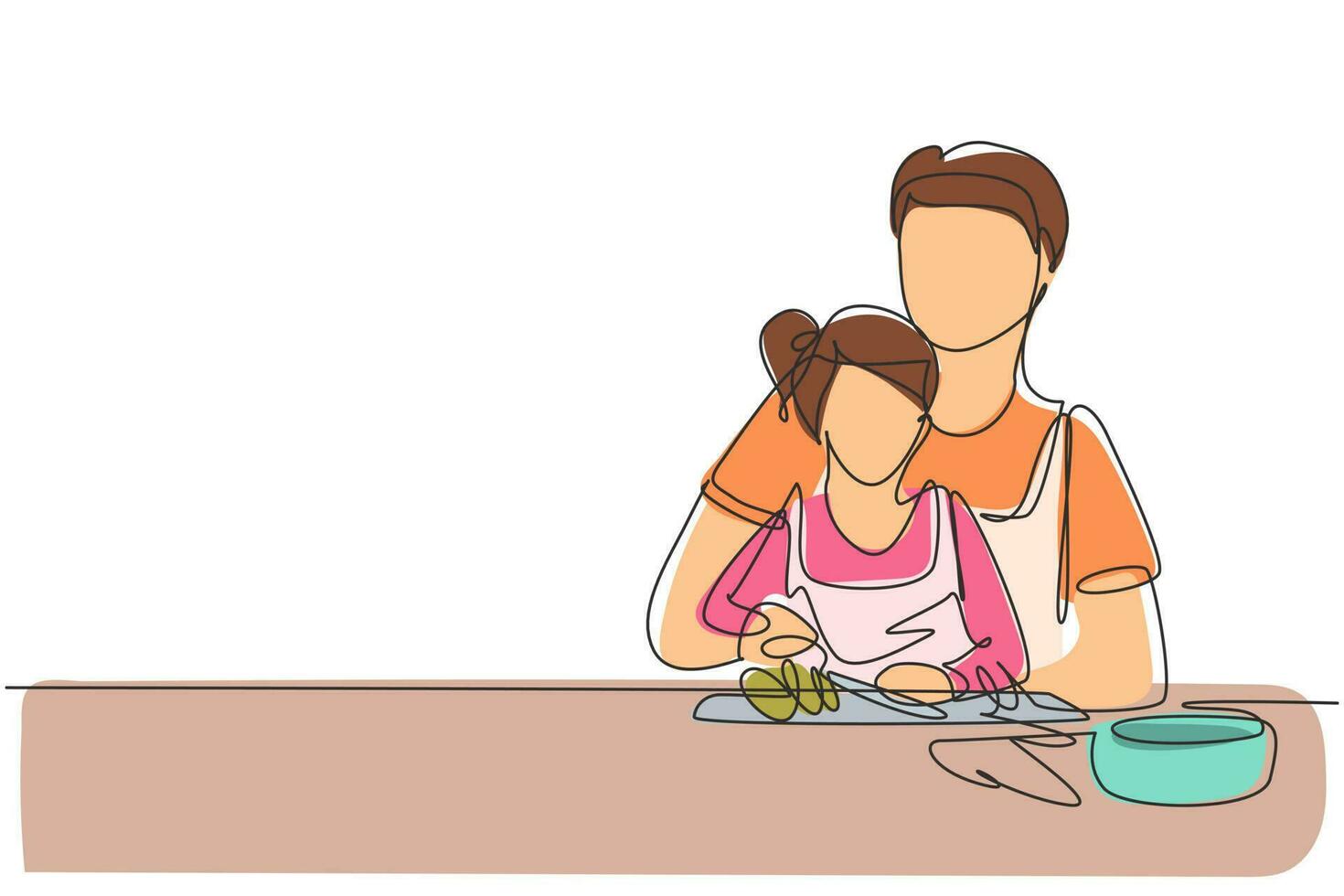 Single continuous line drawing father teaching his little daughter to cut vegetables and fruit. Healthy food at home. Happy family in kitchen. Dynamic one line draw graphic design vector illustration