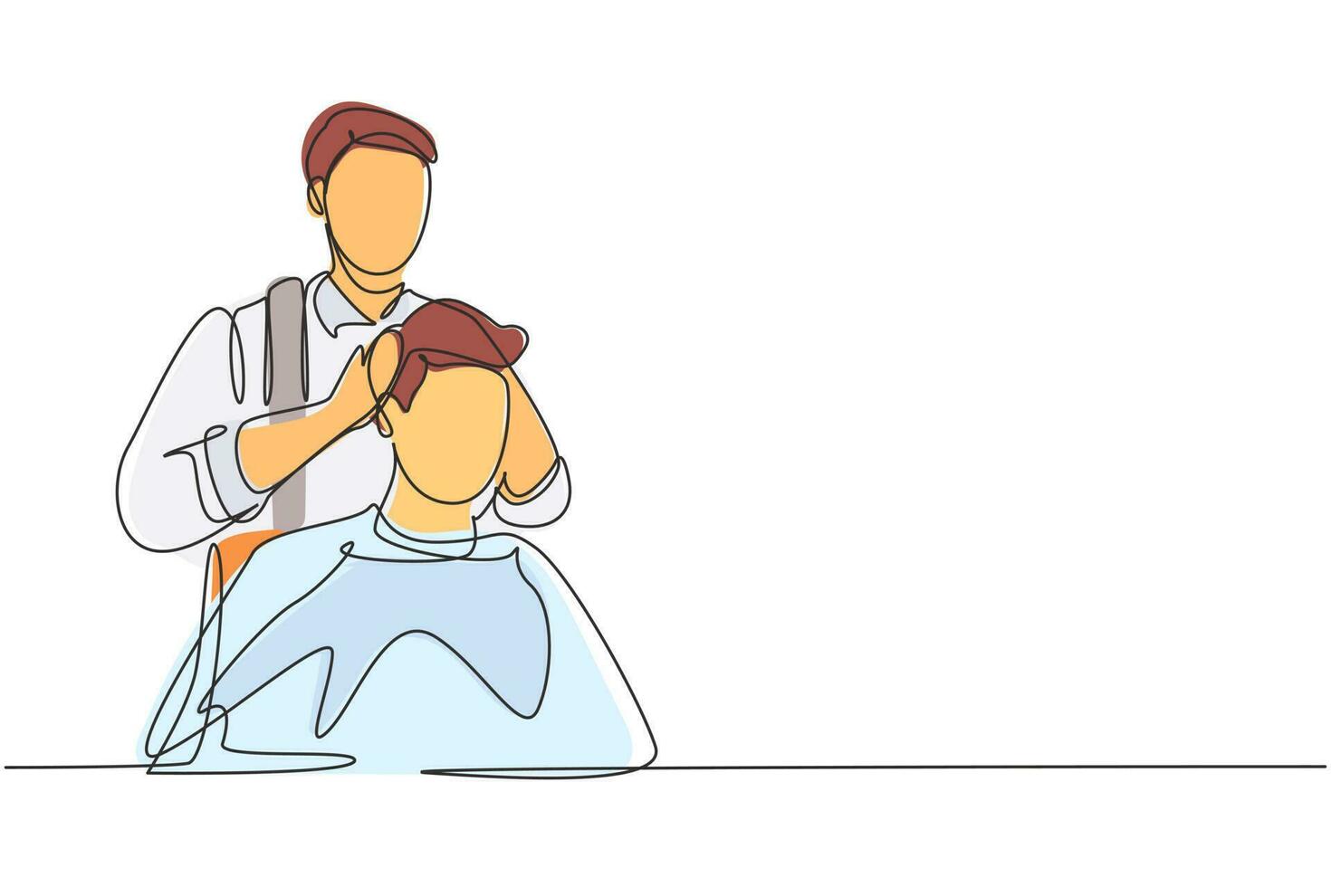 Single continuous line drawing attractive classy dressed barber shop hairdresser is turning clients head to present his work for him. Hairdo looks trendy and so perfect. Dynamic one line draw graphic vector