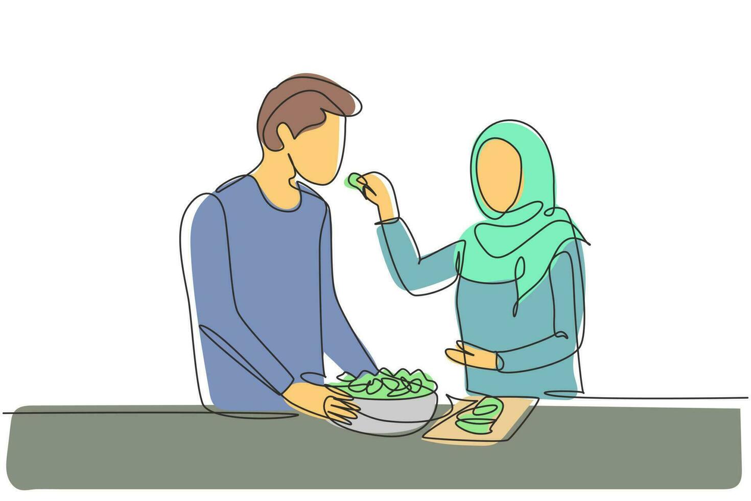 Single continuous line drawing beautiful Arab wife feeds her husband food and in front of him is bowl filled with salad. Cooking together in kitchen. One line draw graphic design vector illustration