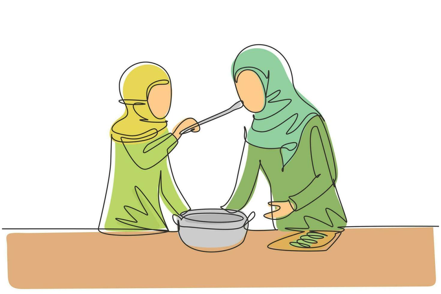 Single one line drawing Arabian mother tasting food given by her young beautiful daughter. Cooking for lunch together in cozy kitchen at home. Continuous line draw design graphic vector illustration