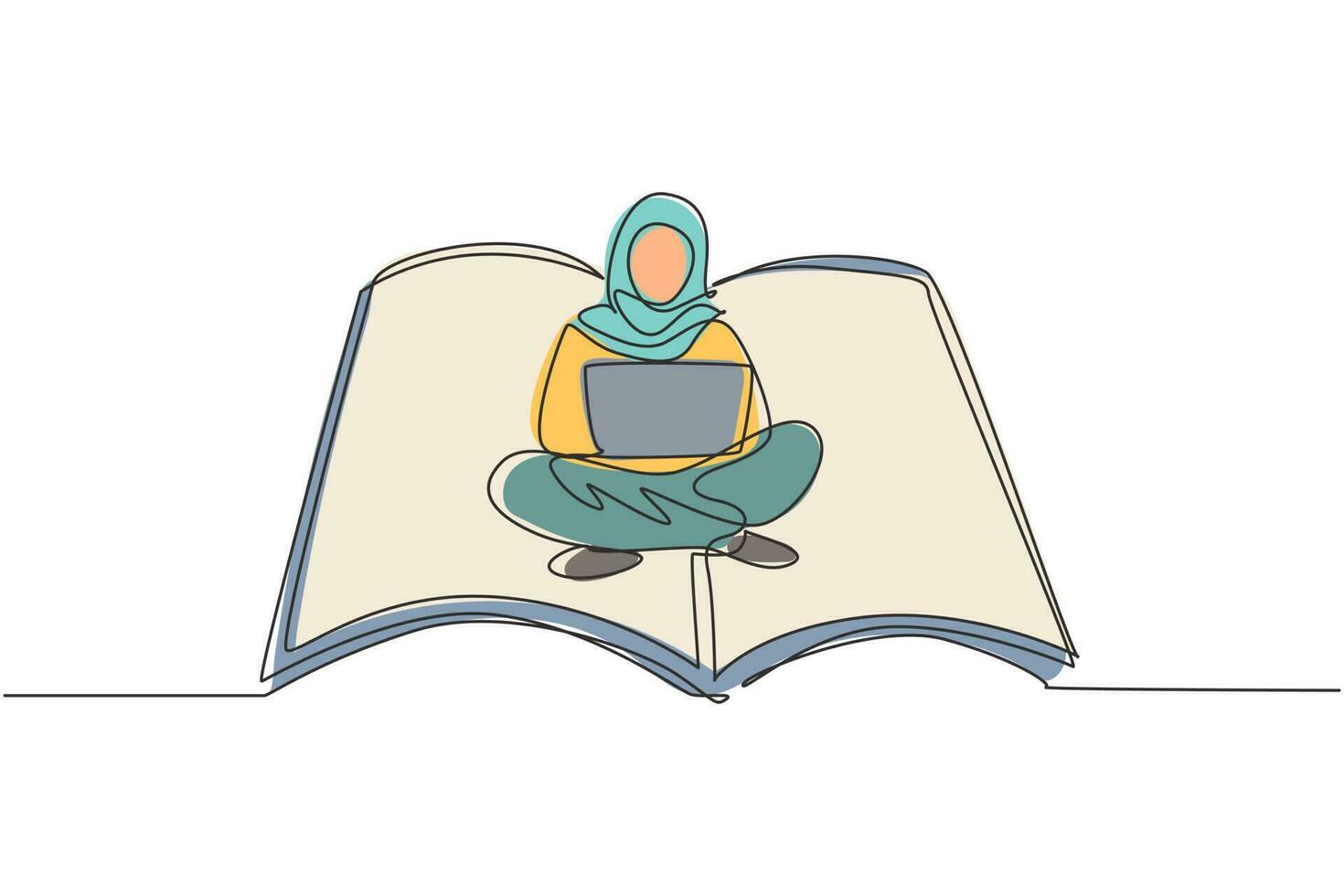 Single continuous line drawing Arabian female with laptop sitting on open big book. Freelance, distance learning, online courses, and studying concept. One line draw graphic design vector illustration