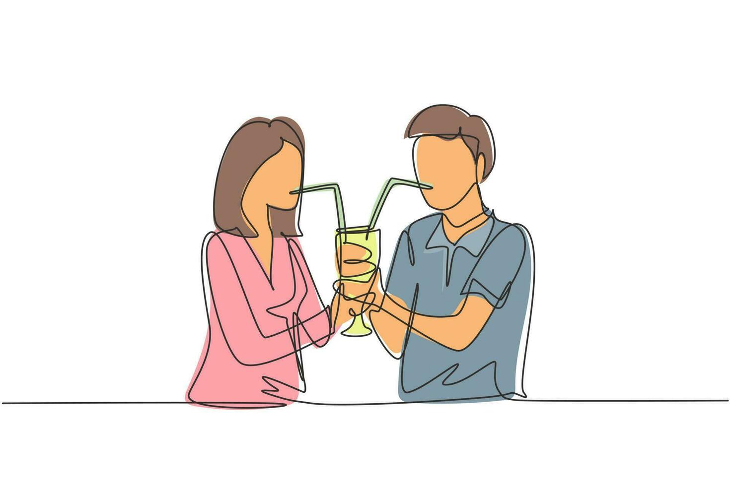 Single continuous line drawing young couple drinking using straws and big glasses together. Celebrate anniversaries and enjoy romantic dinner. Dynamic one line draw graphic design vector illustration