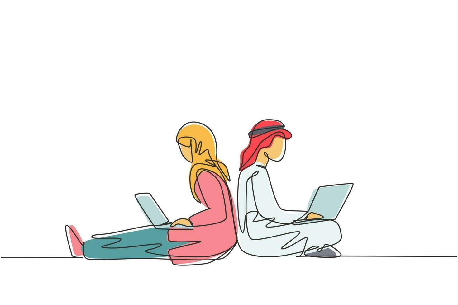 Dibujo de línea continua única pareja árabe con portátil sentado y apoyado el uno en el otro. autónomo, aprendizaje a distancia, cursos en línea y estudio. Ilustración de vector de diseño gráfico de dibujo de una línea