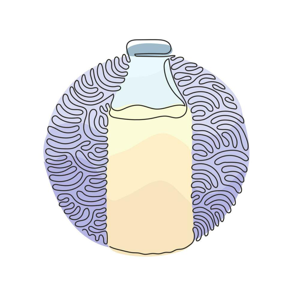 Continuous one line drawing closed glass bottle of natural milk. Bottle of fresh milk cow. Dairy product used in breakfast. Swirl curl circle background style. Single line draw design vector graphic
