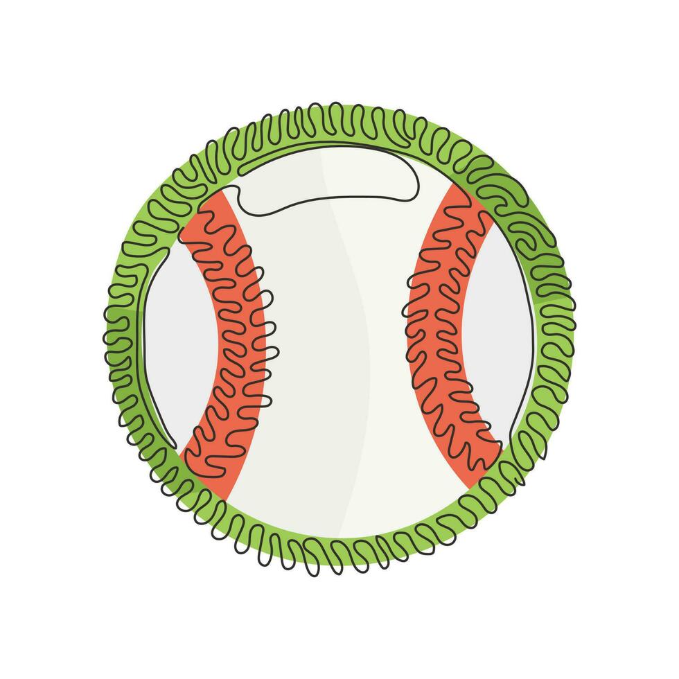 pelota de béisbol de cuero de dibujo de línea continua única. juego de deportes tradicional americano. pelota de béisbol y bates. estilo de fondo de círculo de rizo de remolino. ilustración de vector de diseño gráfico de dibujo de una línea