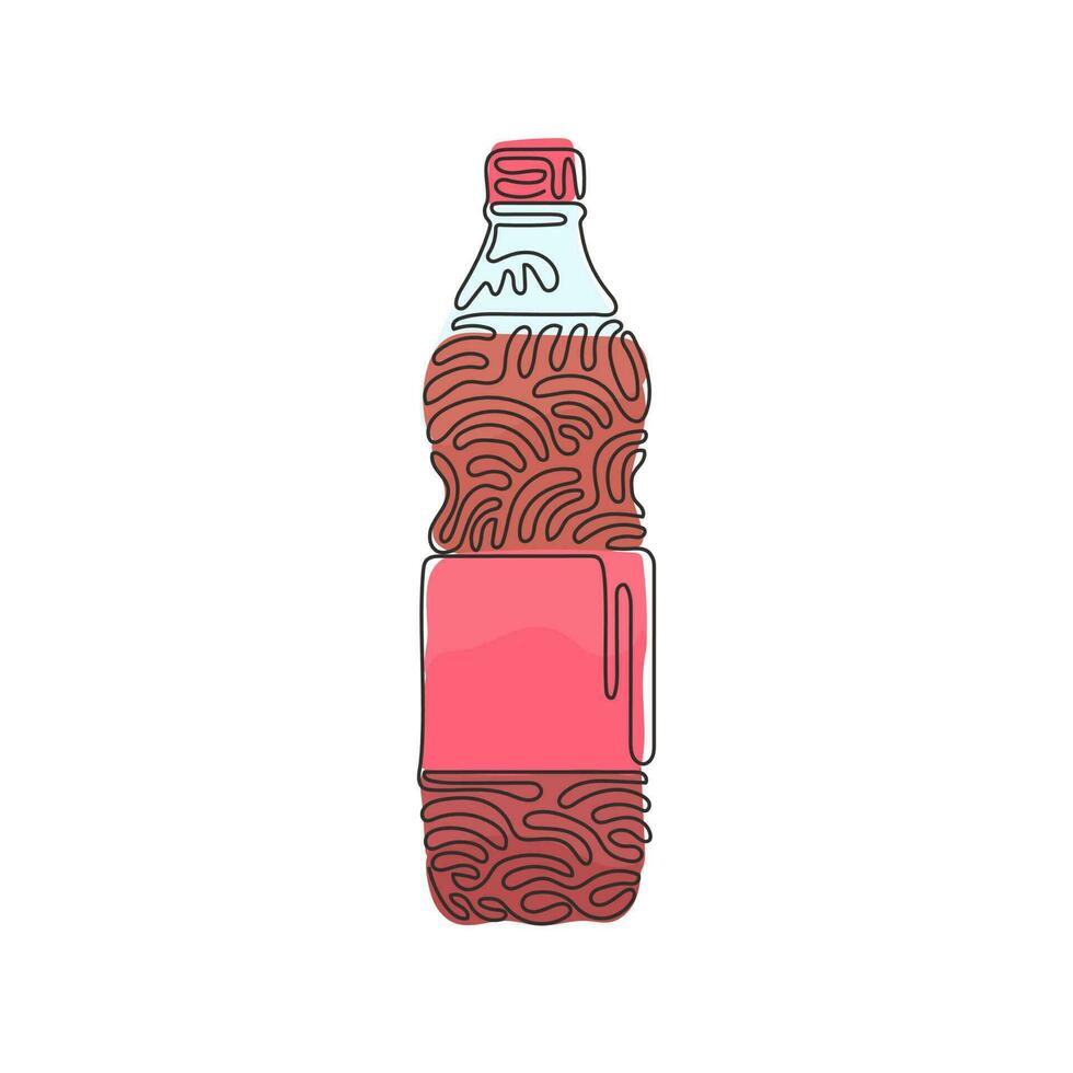 Continuous one line drawing soft drink in bottle plastic. Cold cola soda to crave for refreshing feeling. Drink to quench thirst. Swirl curl style. Single line draw design vector graphic illustration