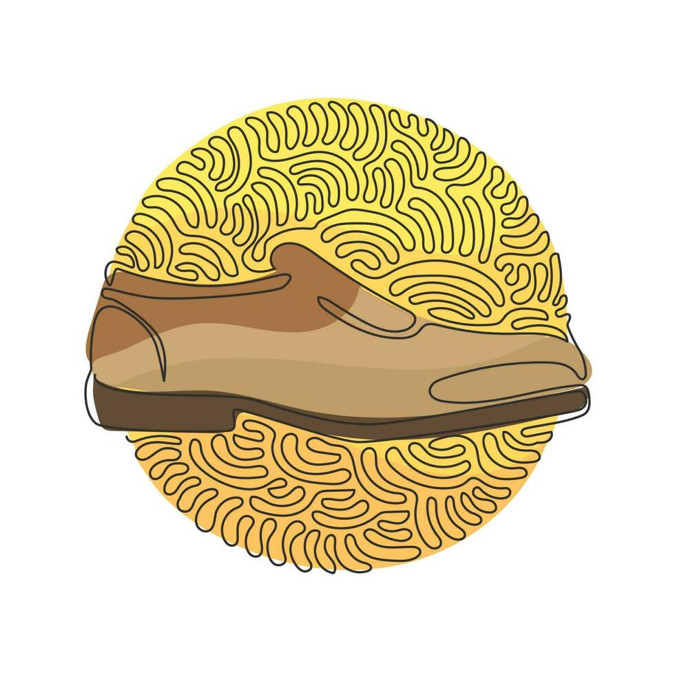 Single continuous line drawing male black leather shoes. Comfortable footwear. Men's shoes picture that fit into fashion of the year. Swirl curl circle background style. Dynamic one line draw graphic vector
