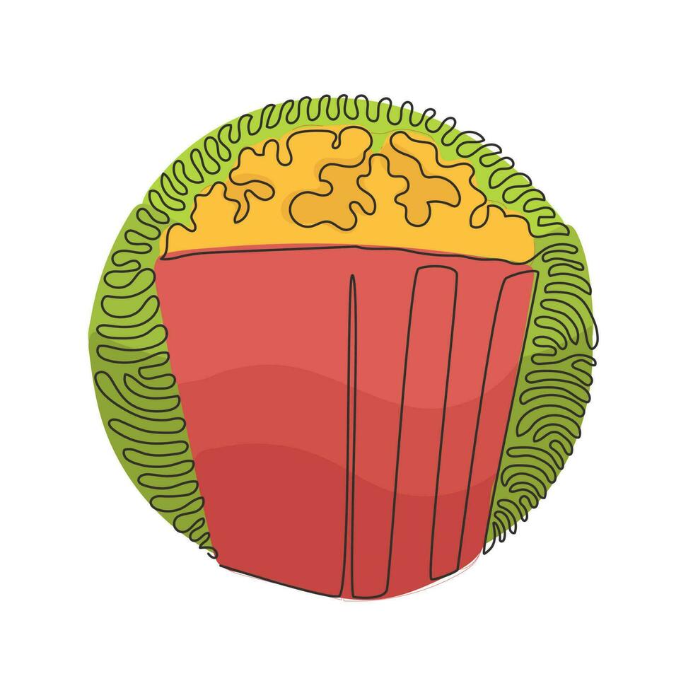 Single continuous line drawing box container with delicious popcorn. Takeaway fast food. Junk food menu. Swirl curl circle background style. Dynamic one line draw graphic design vector illustration
