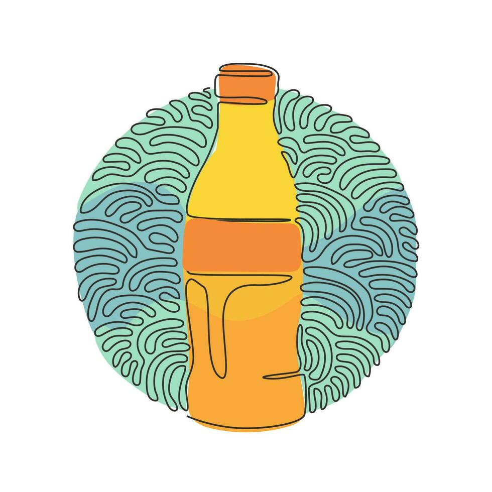Single one line drawing soft drink in bottle glass. Cold soda for refreshing feeling. Drink to quench thirst. Swirl curl circle background style. Continuous line design graphic vector illustration