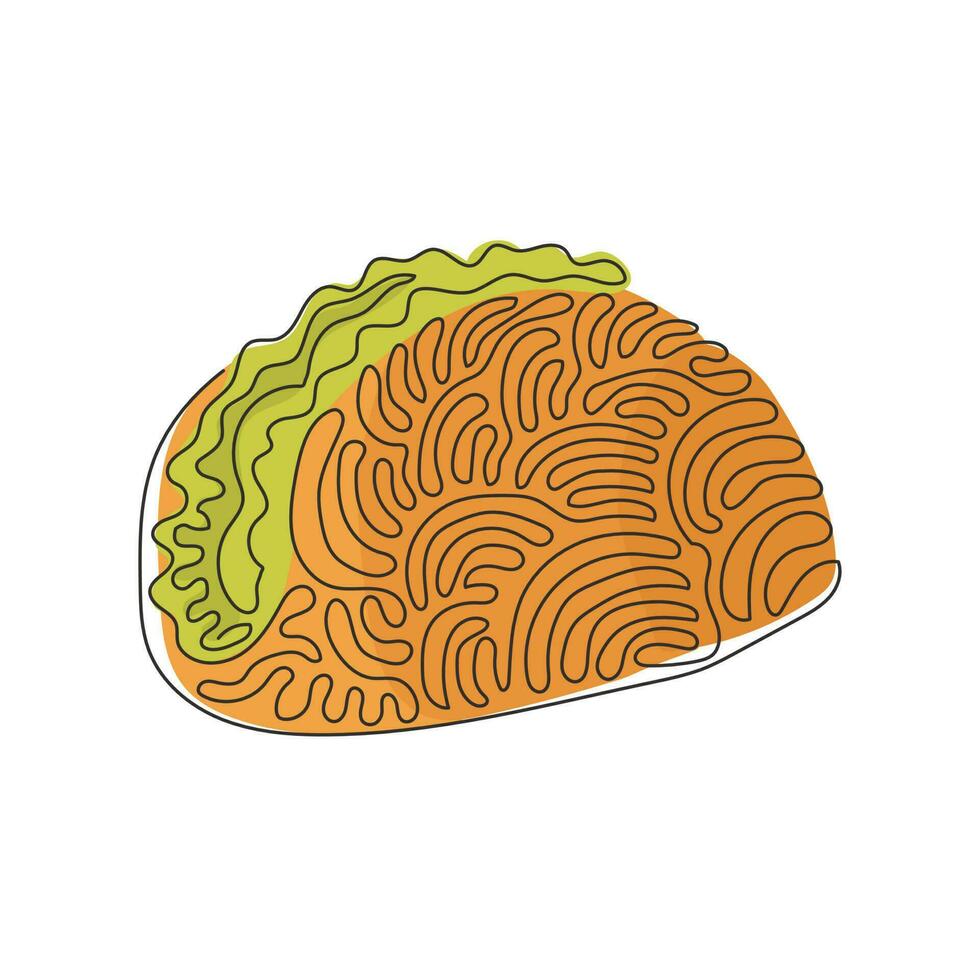 tacos de dibujo de una línea continua comida rápida mexicana tradicional con tortilla, carne, verduras, lechuga, queso, tomate, salsa. estilo de rizo de remolino. ilustración gráfica de vector de diseño de dibujo de una sola línea
