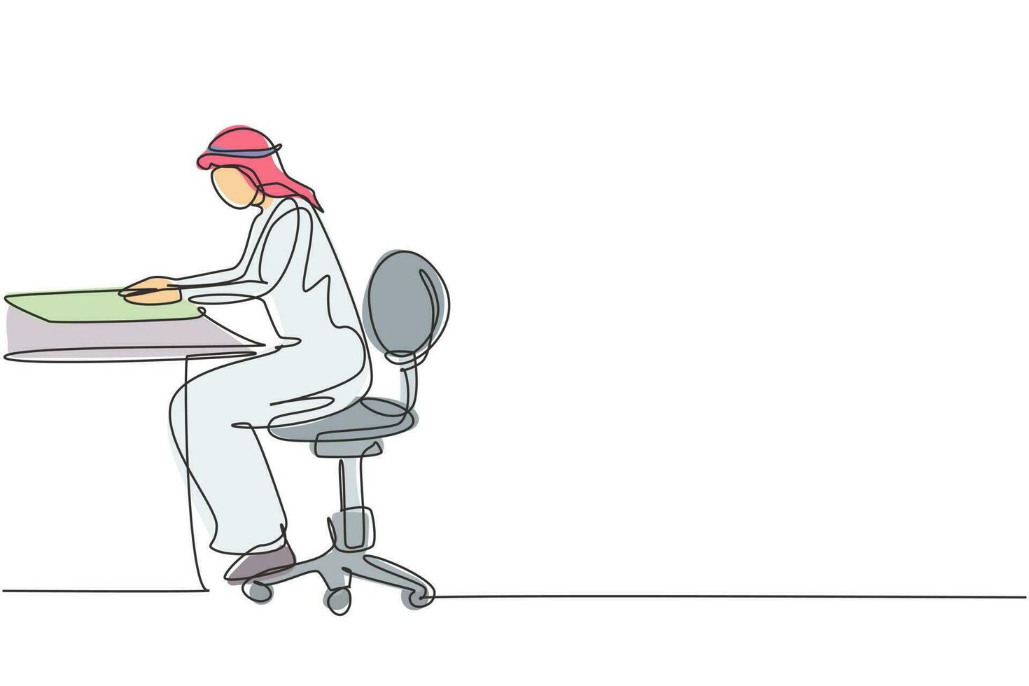 dibujo de una sola línea joven árabe masculino leyendo, aprendiendo y sentado en una silla alrededor de la mesa. estudiar en biblioteca. estudiante inteligente, educación. Ilustración de vector gráfico de diseño de dibujo de línea continua moderna