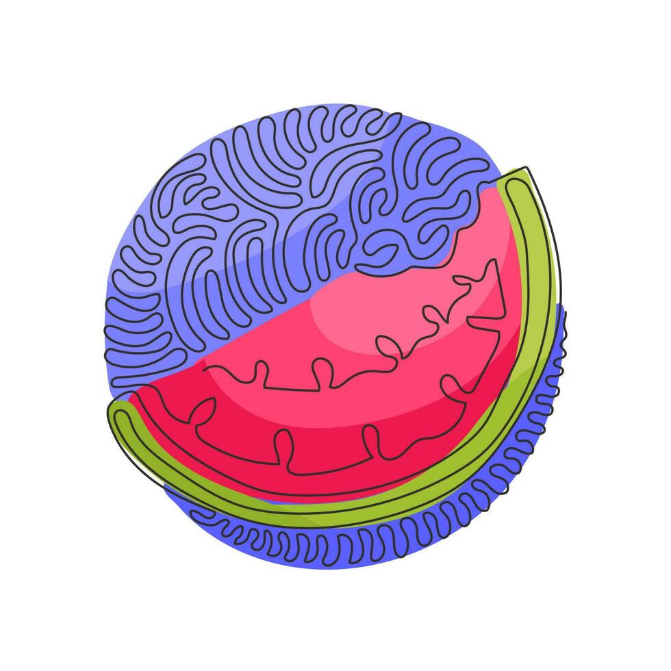 Continuous one line drawing water melon, watermelon slice fruit illustration, fresh healthy food, organic natural food. Swirl curl circle background style. Single line draw design vector graphic