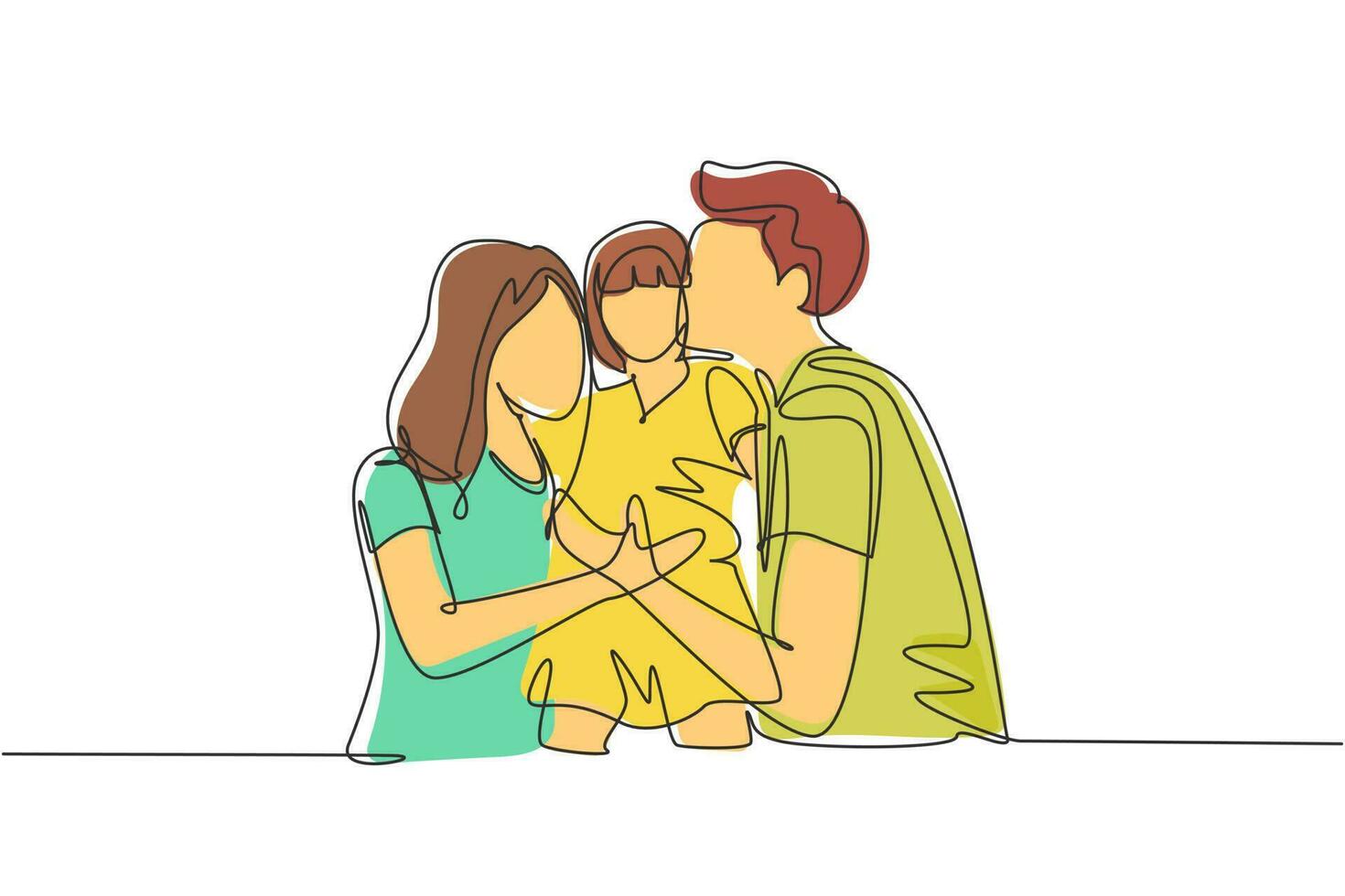 Single continuous line drawing parents kissing their little girl on her cheeks. Adorable child with an innocent expression. National children's day. One line draw graphic design vector illustration