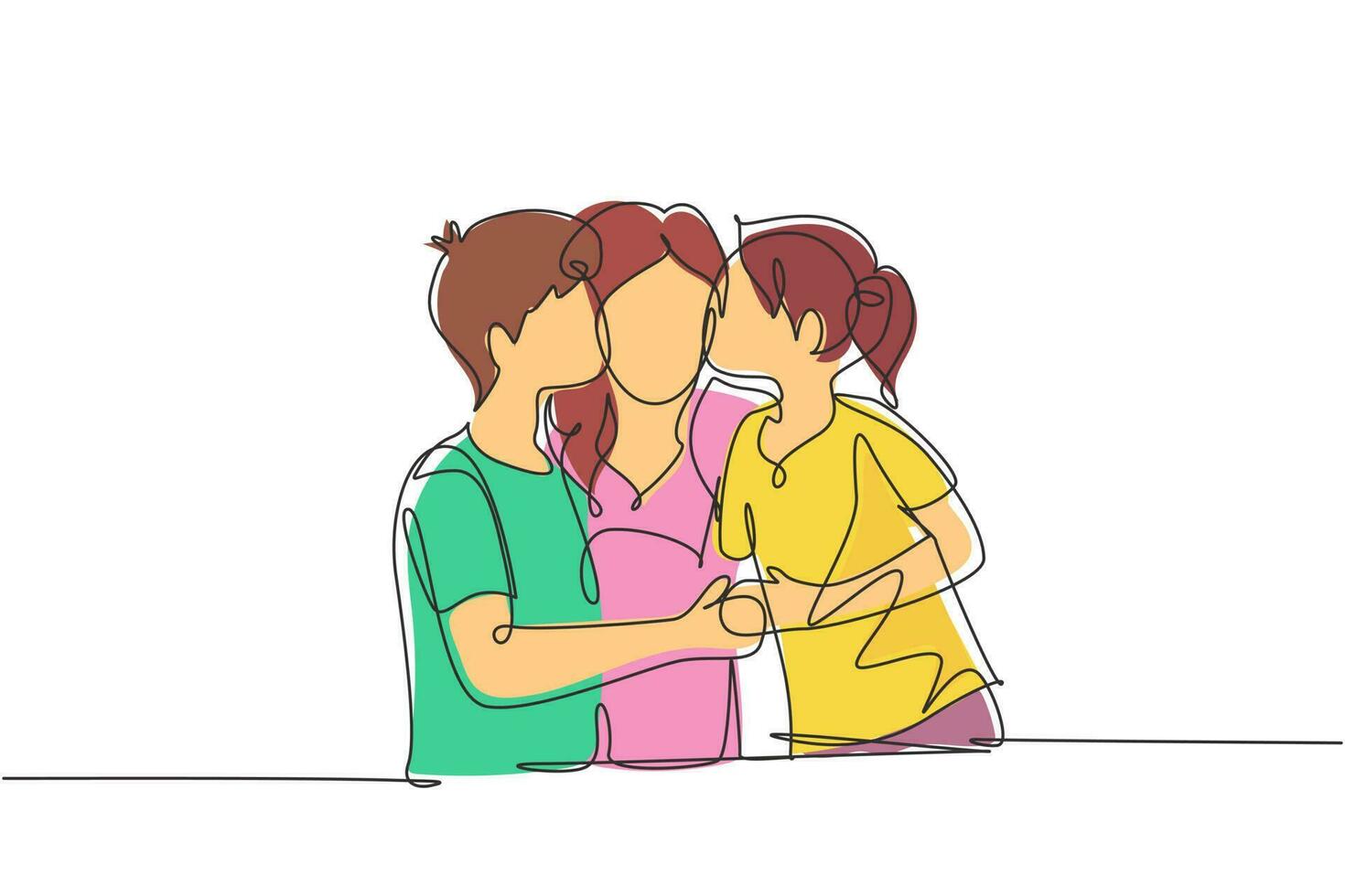 Single one line drawing portrait of children kissing their mother. Mothers day concept. Family holiday. Love of children with their mother. Continuous line draw design graphic vector illustration