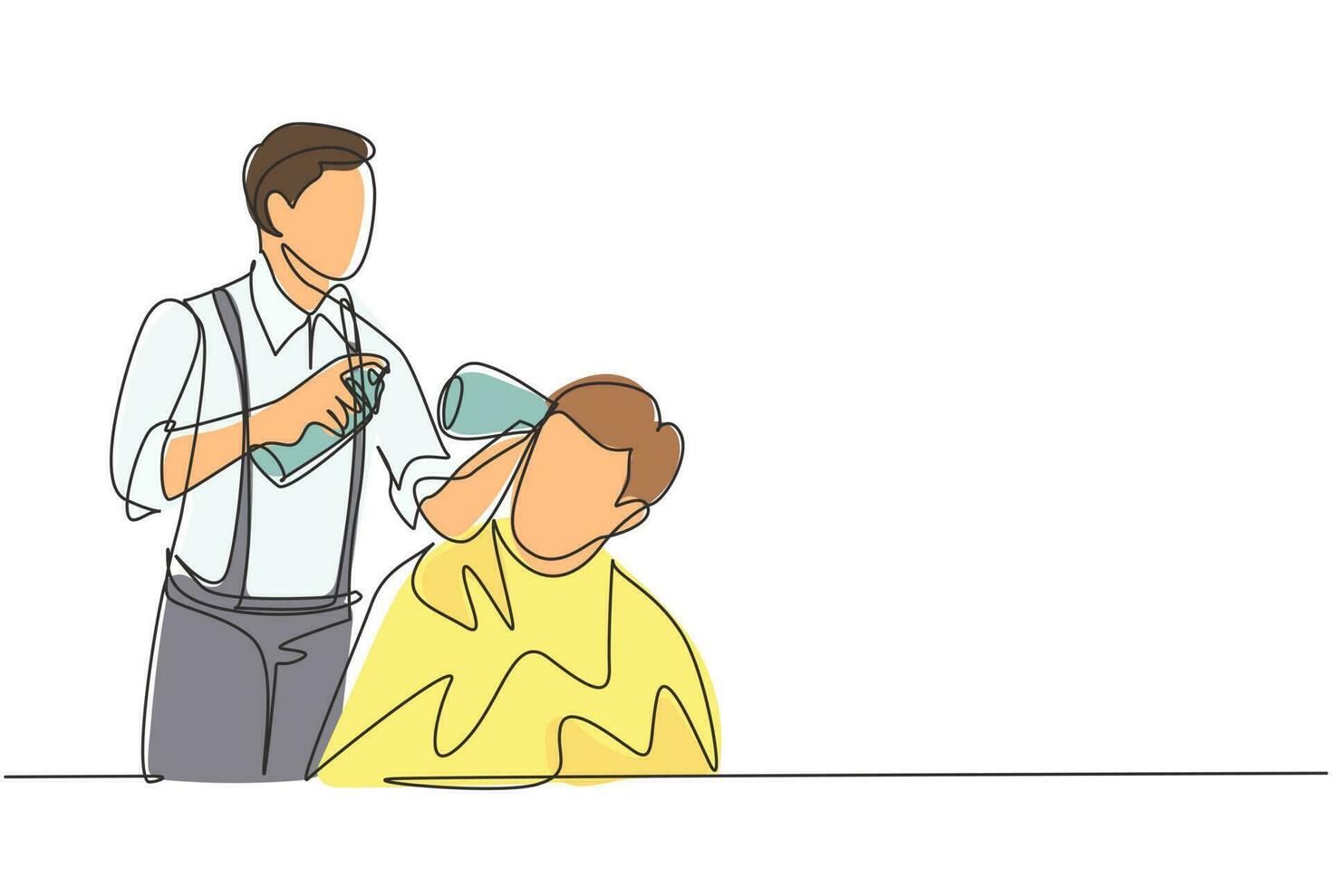 Single continuous line drawing barber makes hair styling with hair spray after haircut at barber shop. Young handsome man getting haircut in modern hair salon. Dynamic one line draw graphic design vector