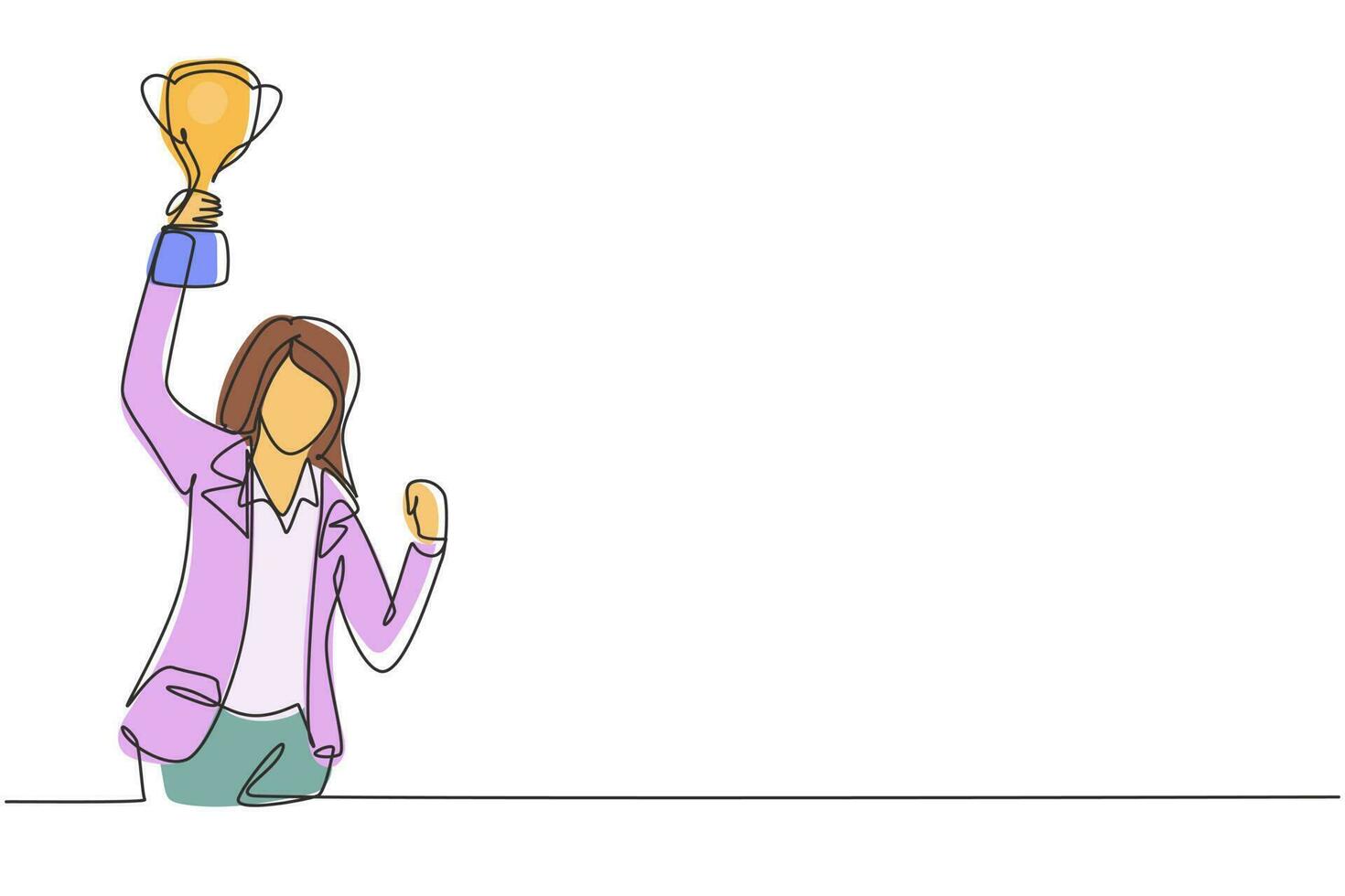 Single one line drawing young businesswoman holding golden trophy in one hand. Symbol of achievement and successful business performance. Modern continuous line draw design graphic vector illustration