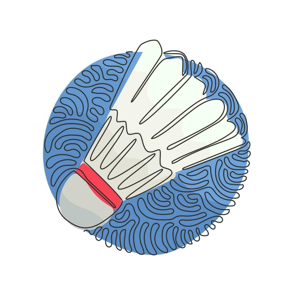 Continuous one line drawing shuttlecock badminton. Sports equipment, competitions, hobbies. Swirl curl circle background style. Healthy lifestyle. Single line draw design vector graphic illustration