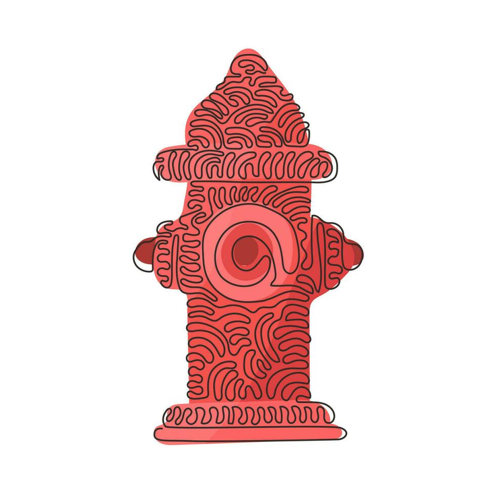 Single continuous line drawing closeup of traditional red fire hydrant. Tool used by firefighters for extinguishing flames. Swirl curl style. Dynamic one line draw graphic design vector illustration