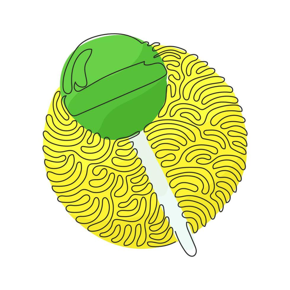 Single one line drawing sweet lollipops. Round candy on stick. Colored sugar candies for dessert. Swirl curl circle background style. Modern continuous line draw design graphic vector illustration