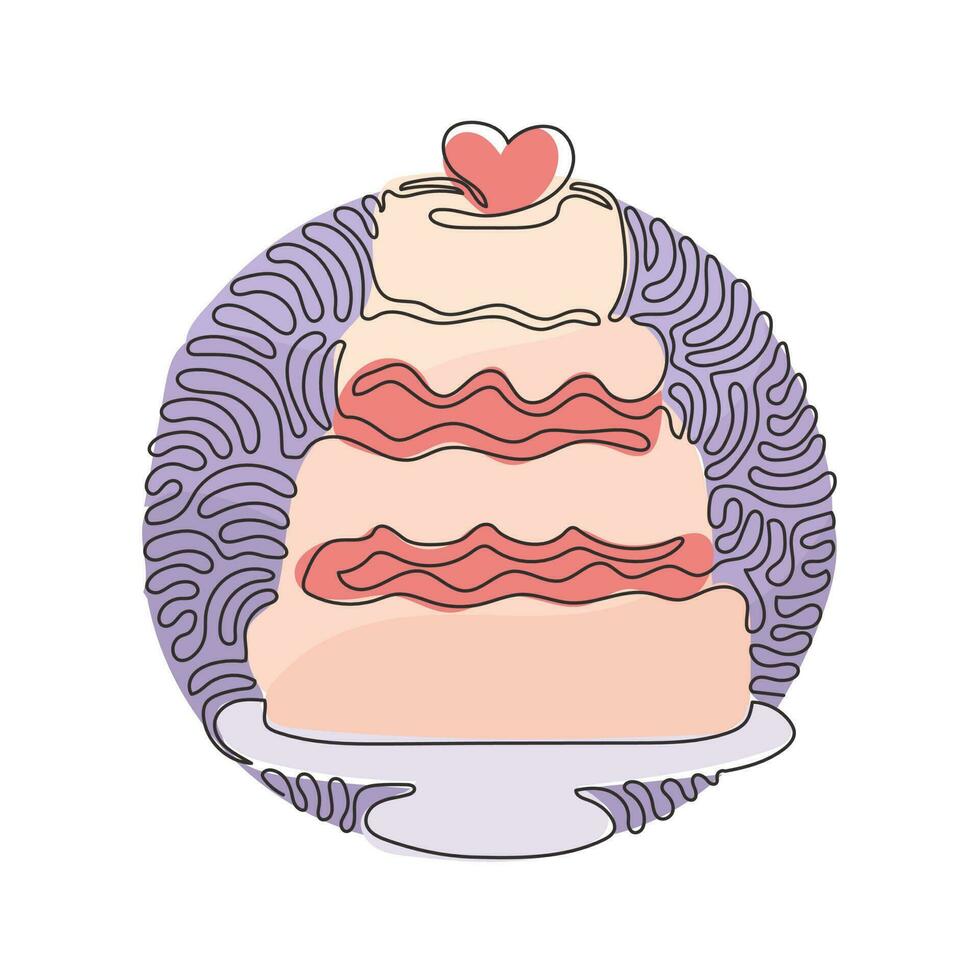 Single continuous line drawing wedding cake with love shape on top. Sweet cake for celebrate marriage party. Swirl curl circle background style. One line draw graphic design vector illustration