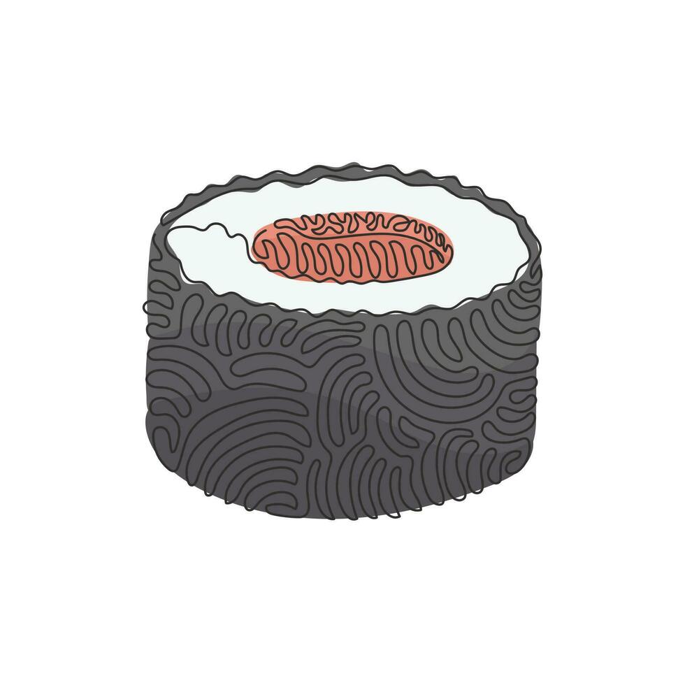 Single continuous line drawing sushi roll with salmon or tuna slice. Traditional Japanese meal. Menu in Japanese restaurant. Swirl curl style. Dynamic one line draw graphic design vector illustration