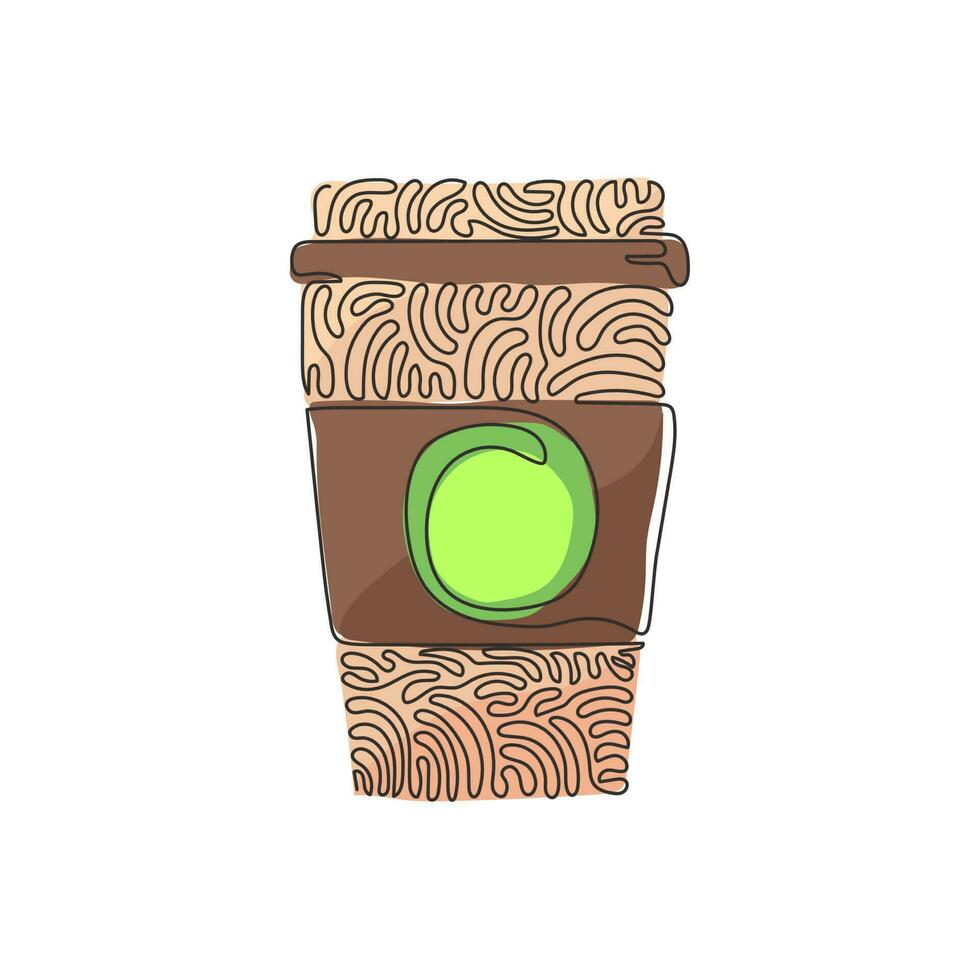 Single one line drawing hot coffee paper cup. Cold chocolate milk to crave for refreshing feeling. Swirl curl circle background style. Modern continuous line draw design graphic vector illustration