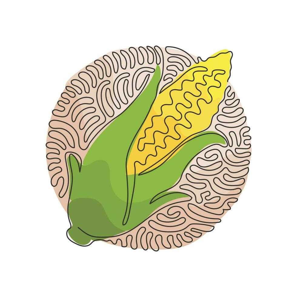 Single one line drawing husked cobs of sweet corn. Fresh vegetable with high sugar. Immature harvested. Swirl curl circle background style. Continuous line draw design graphic vector illustration