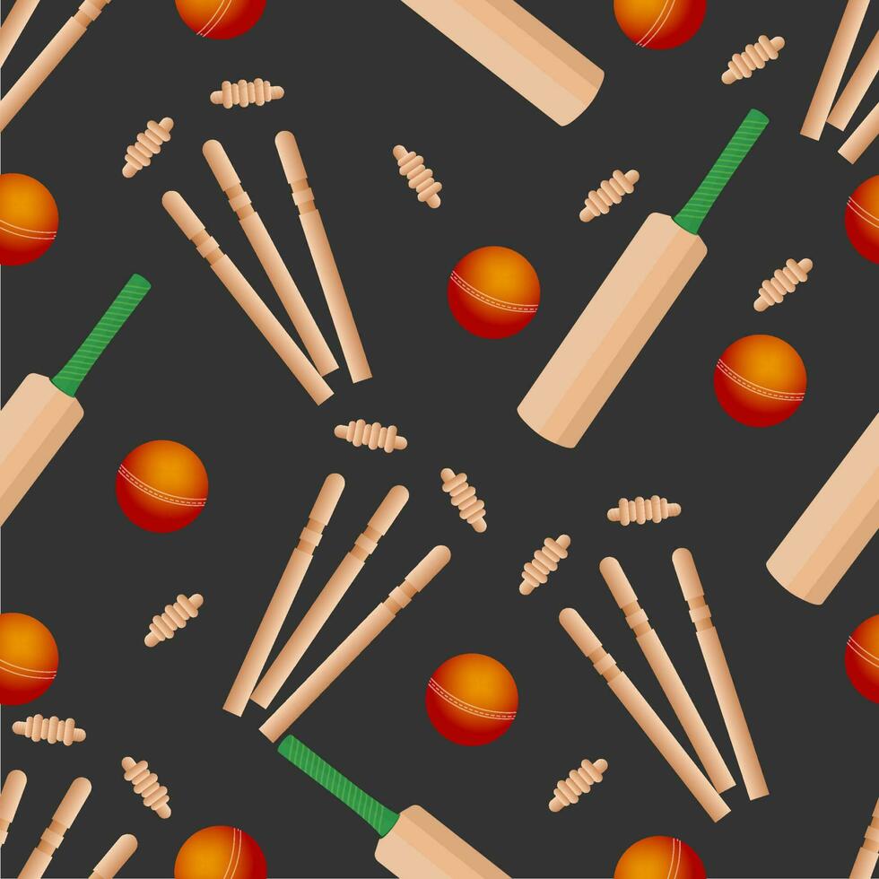 Realistic Cricket Equipments Decorated On Black Background. vector