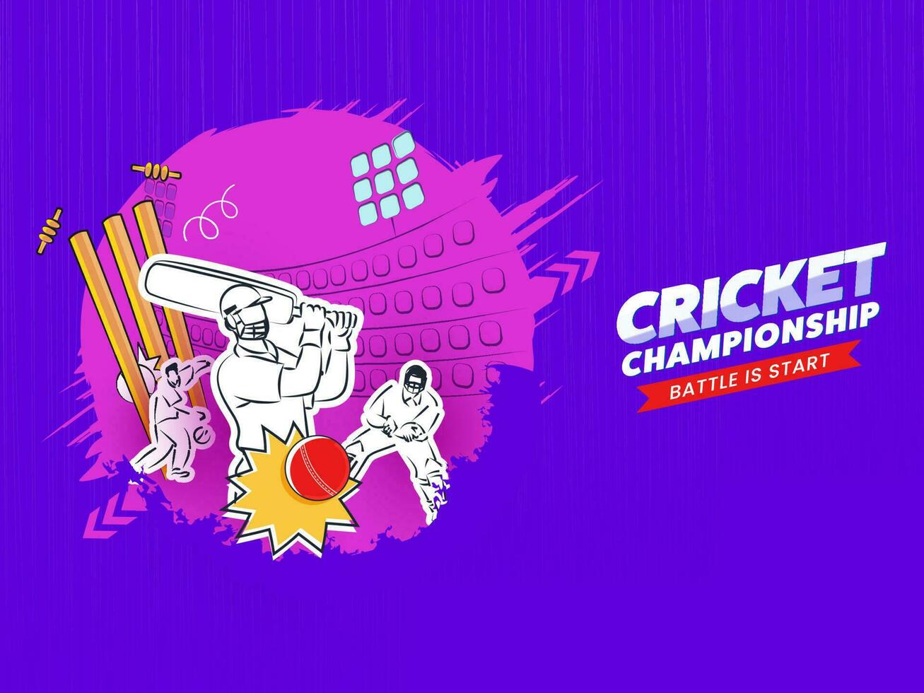 Cricket Championship Concept With Sticker Style Cricketer Player And Pink Brush Effect On Violet Background. vector