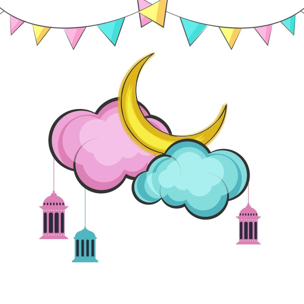 Flat Crescent Moon With Clouds, Lanterns Hang And Bunting Flag Decorated Background For Muslim Community Holy Month, Ramadan Kareem. vector