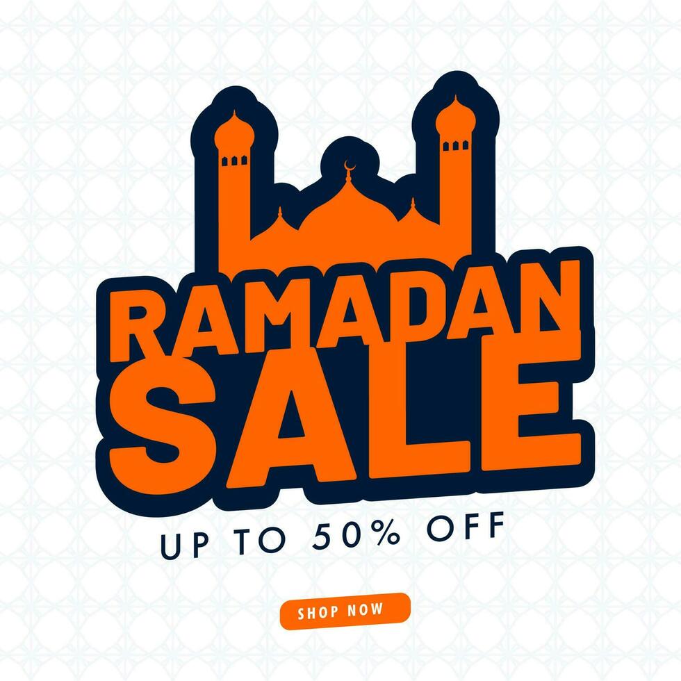 Sticker Style Ramadan Sale Text With Mosque And Discount Offer On White Islamic Pattern Background. vector