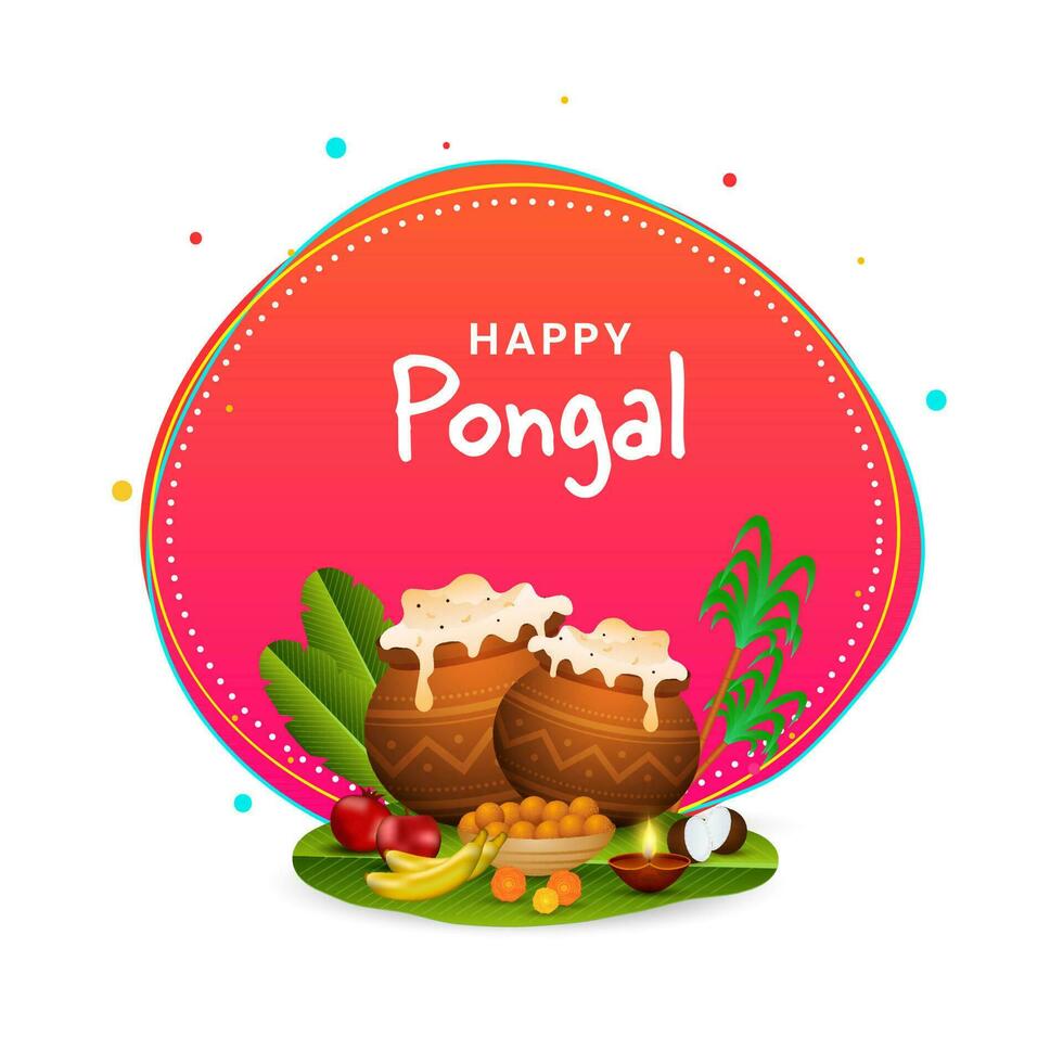 Happy Pongal Concept With Festival Elements On Pink And White Background. vector