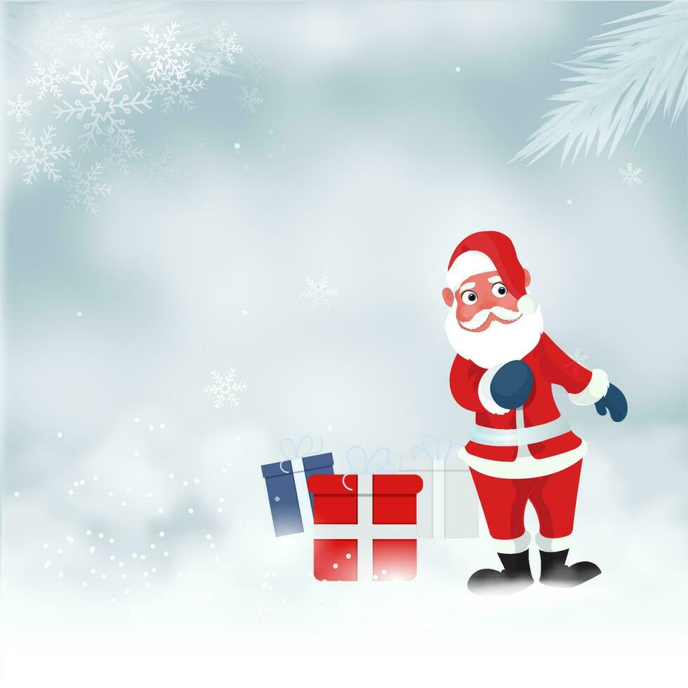 dibujos animados Papa Noel claus personaje con regalo cajas, copos de nieve y abeto hojas en Nevado reluciente antecedentes. vector