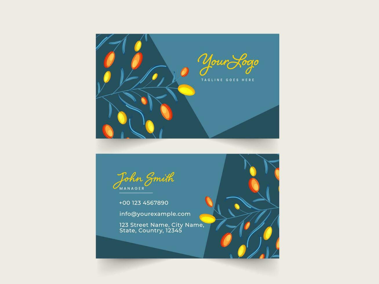 Business Card Template Layout With Double-Sides In Teal Blue Color. vector