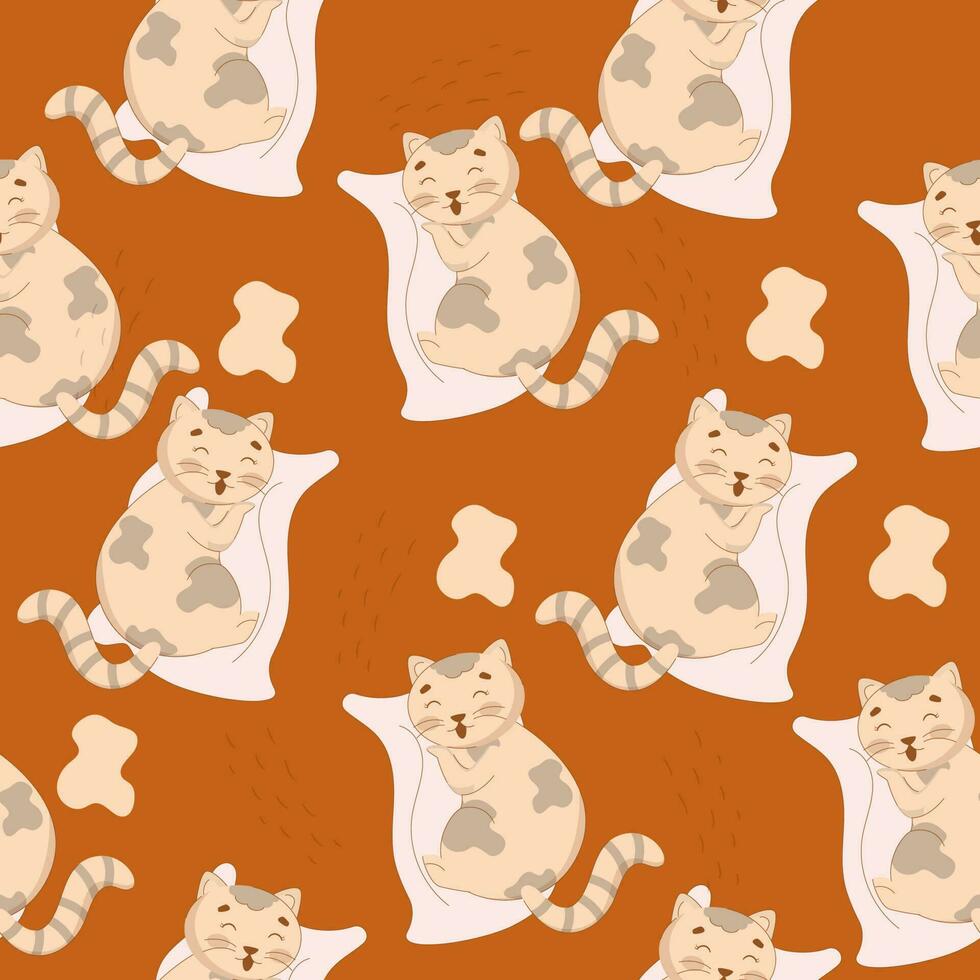 Seamless Cute Cat Sleeping On Pillow Pattern Against Orange Background. vector