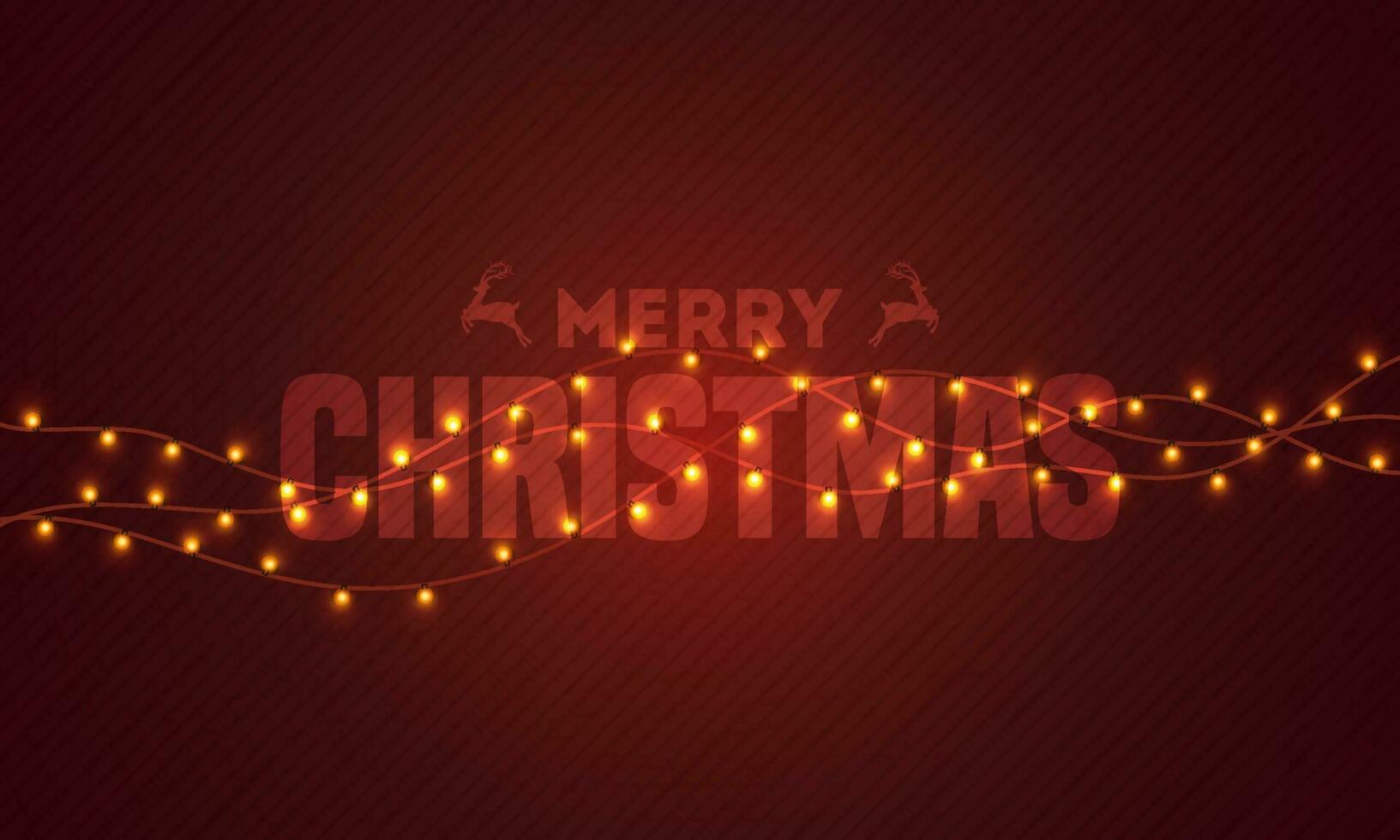 Typography of Merry Christmas decorated with lighting garland on brown striped background. Can be used as greeting card design. vector