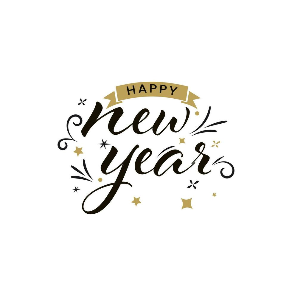Black Happy New Year Font With Stars On White Background. vector