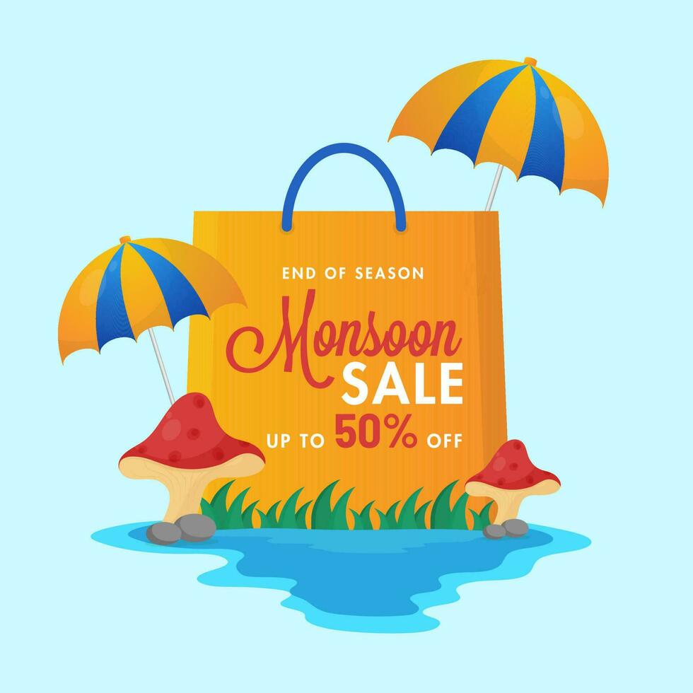 Monsoon Sale Poster Design With Shopping Bag And Umbrella. vector