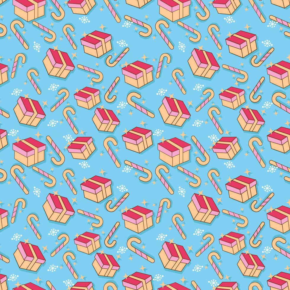Seamless Gift Boxes With Candy Canes And Snowflakes Pattern Blue Background. vector
